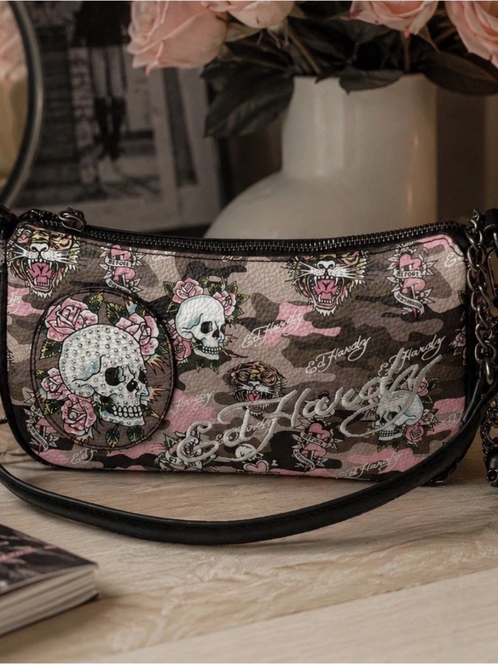 NWT Ed Hardy Pink Camo Skull Rose Shoulder Bag Purse Y2K Punk Rock Handbag